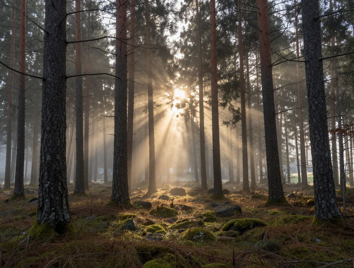 Grönt skogslandskap i tidig morgon med dimma mellan träden, naturligt solljus filtrerat genom lövverk