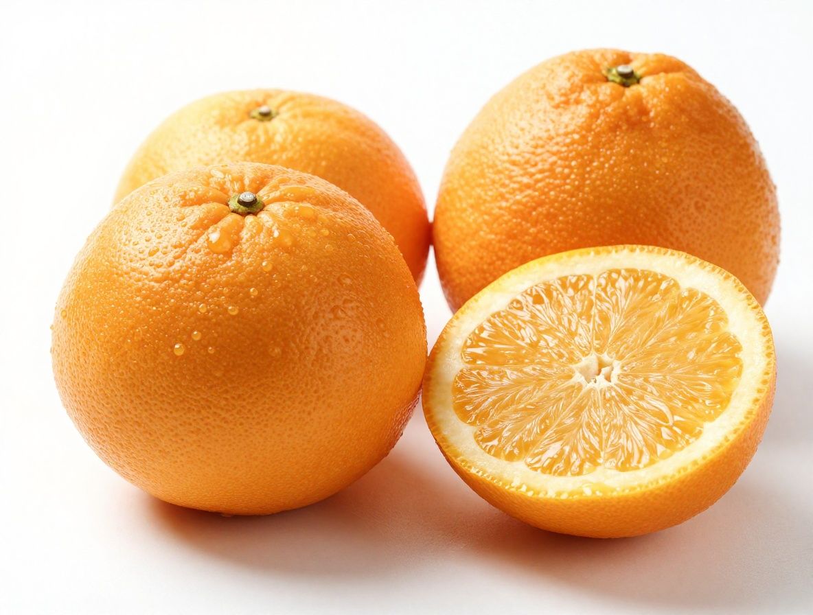 Skivade citrusfrukter, apelsiner och citroner med synliga fibrer och saftiga sektioner, på vit bakgrund i klart naturligt ljus